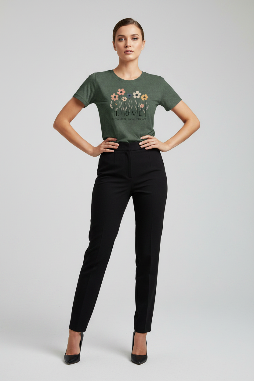 Woman wearing a green t-shirt with a floral design and text, standing against a plain background