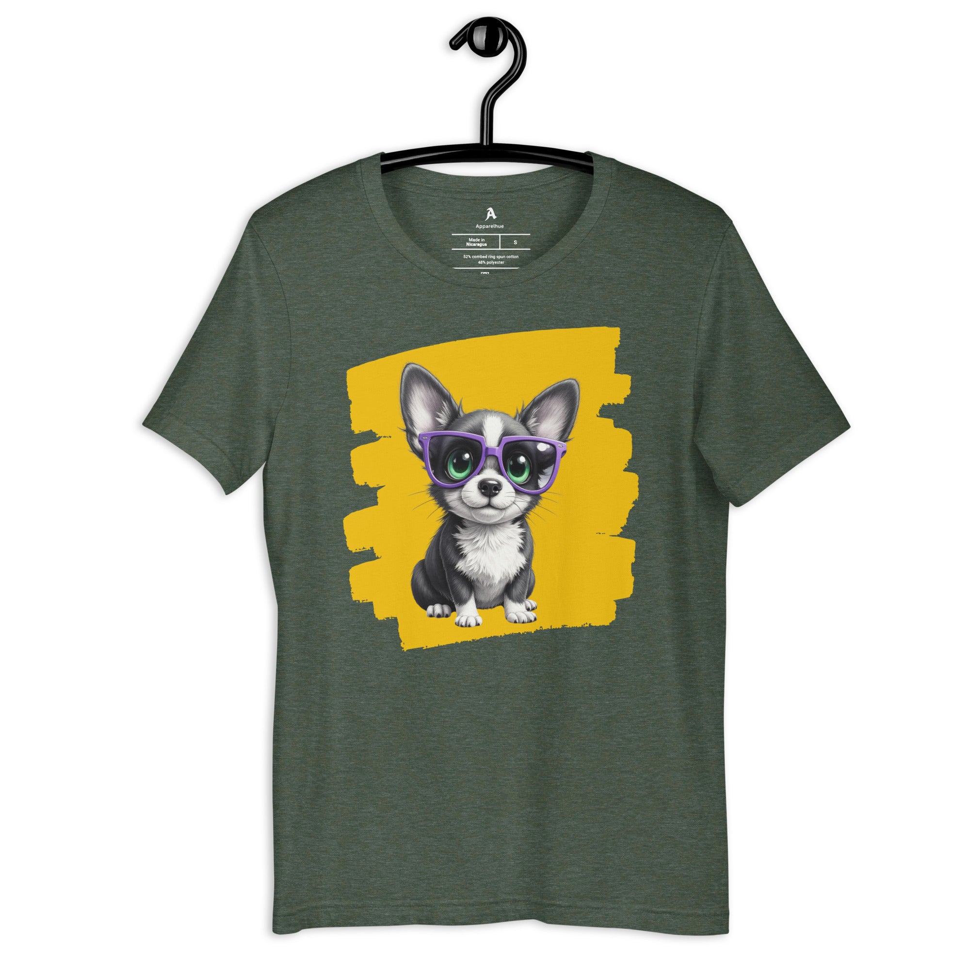 Trendy animal print t-shirt featuring a Corgi in spectacles.