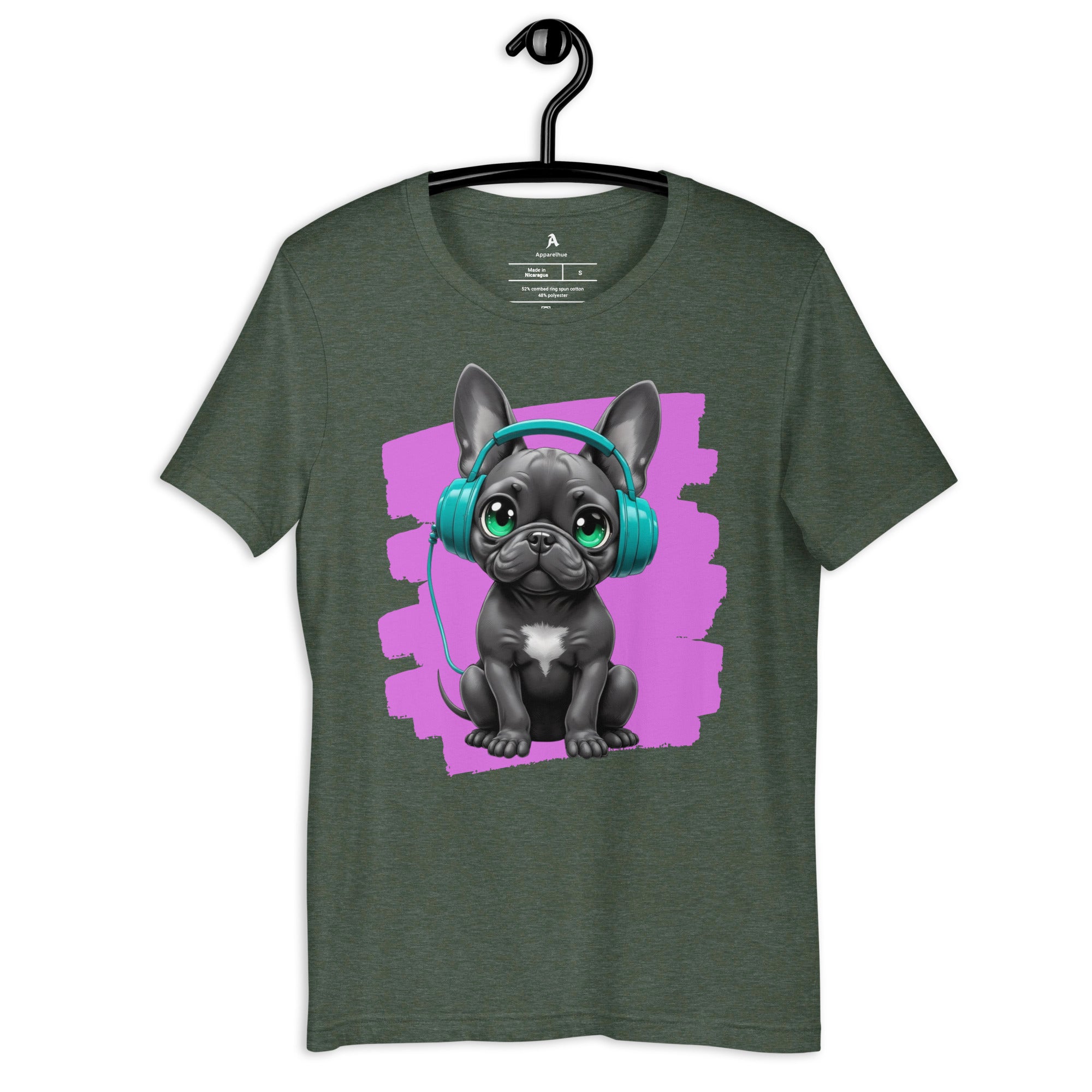 Music themed dog lover gift t-shirt with Frenchie illustration.