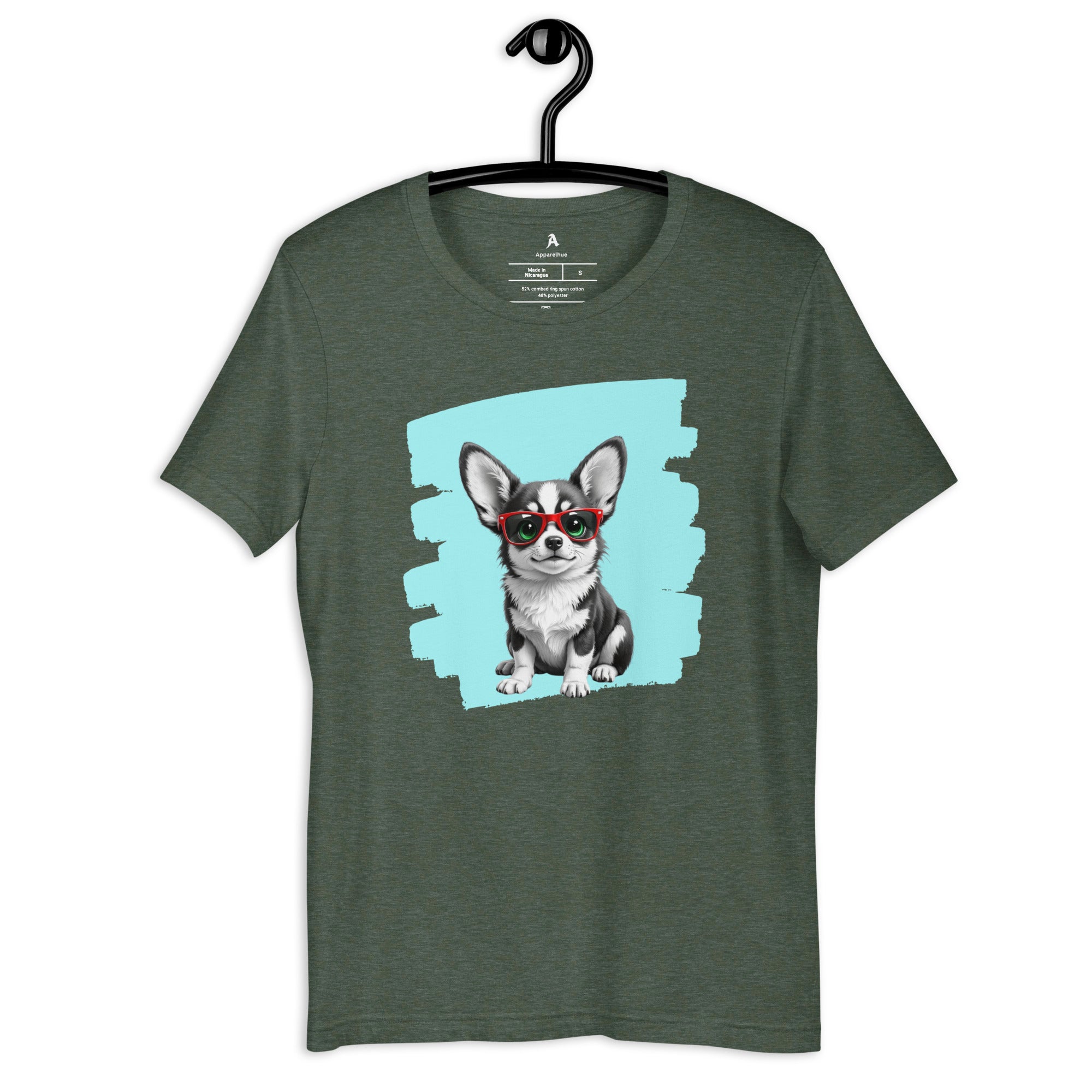Corgi puppy wearing red frames with a brushstroke artistic backdrop.