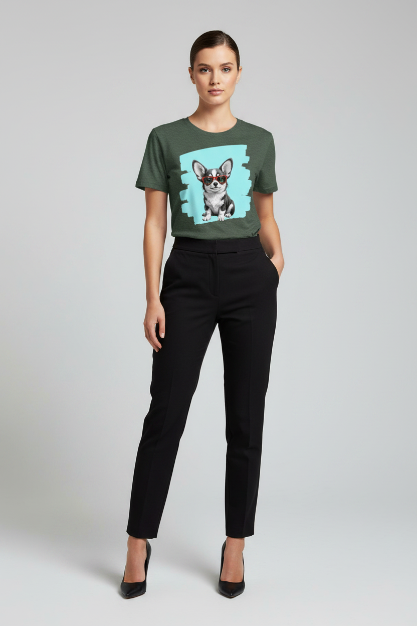 A model wearing a dark green short-sleeve t-shirt with a graphic print of a dog on a light blue background, paired with black trousers and black heels, against a light gray studio background.