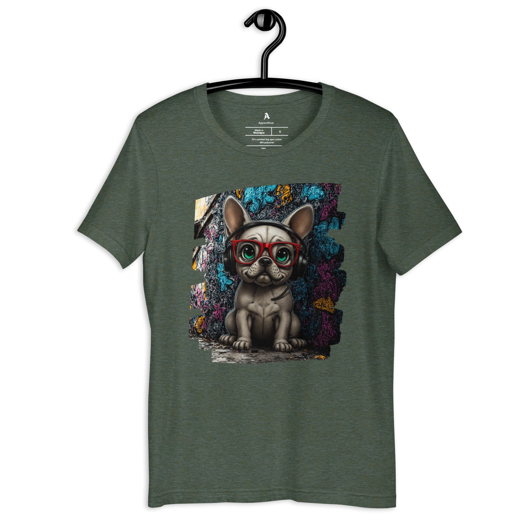 Minimalist cotton T-shirt with a Frenchie and floral art design for dog lovers.