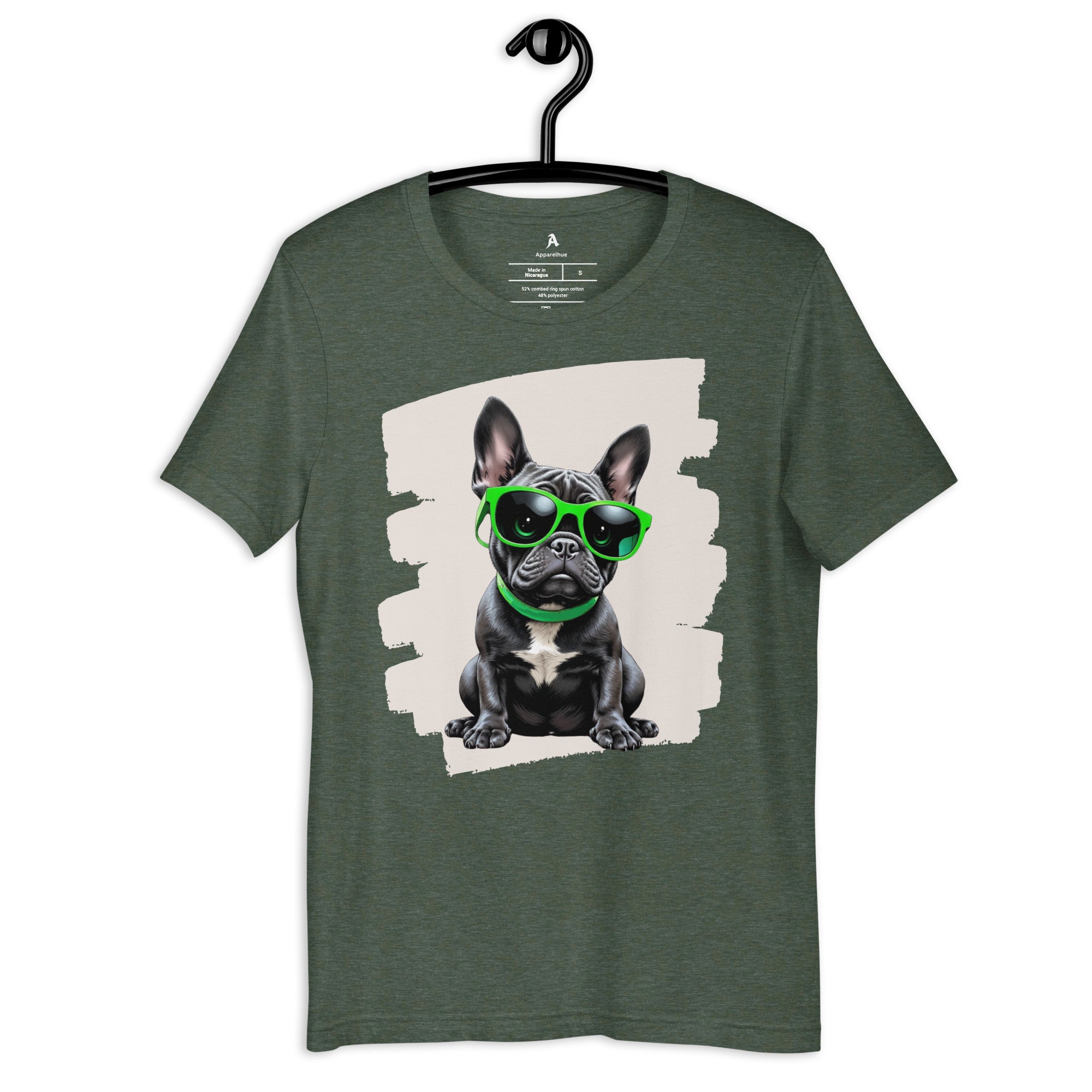 Trendy dog lover t-shirt graphic showing a Frenchie with cool green eyewear.