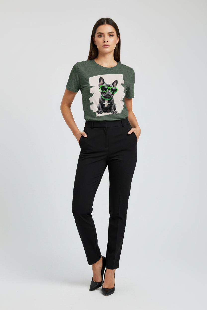 A woman modeling a dark green graphic t-shirt with a black and white French Bulldog print, paired with black trousers and black heels, against a light gray studio background.