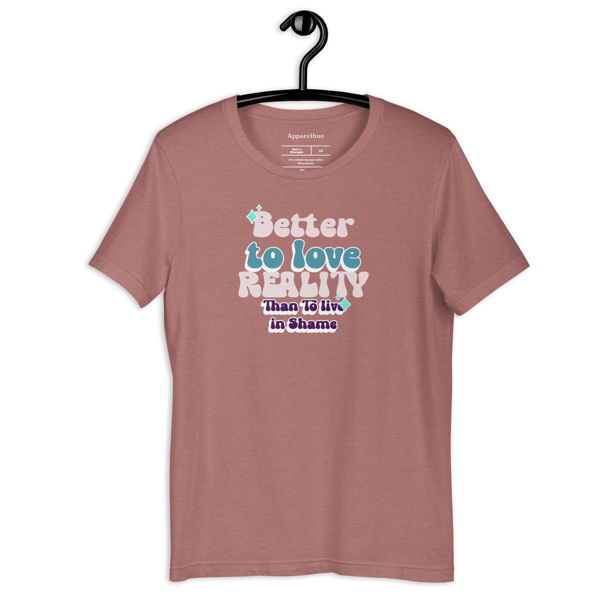 Frontal view of the "Better to Love Reality" slogan on a navy blue t-shirt.