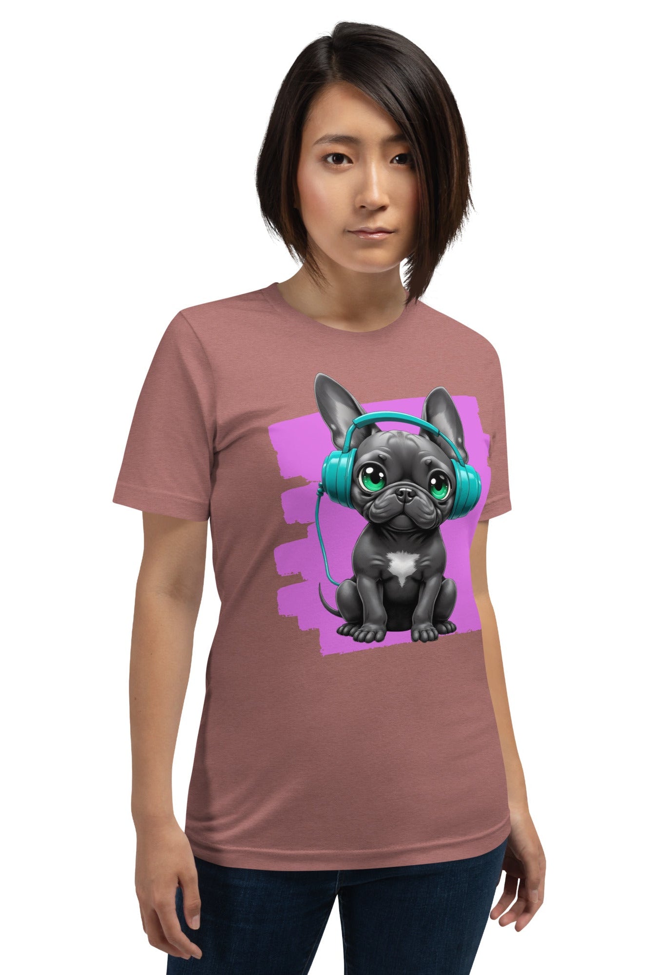 Detailed illustration of a DJ Frenchie dog on a cotton tee.