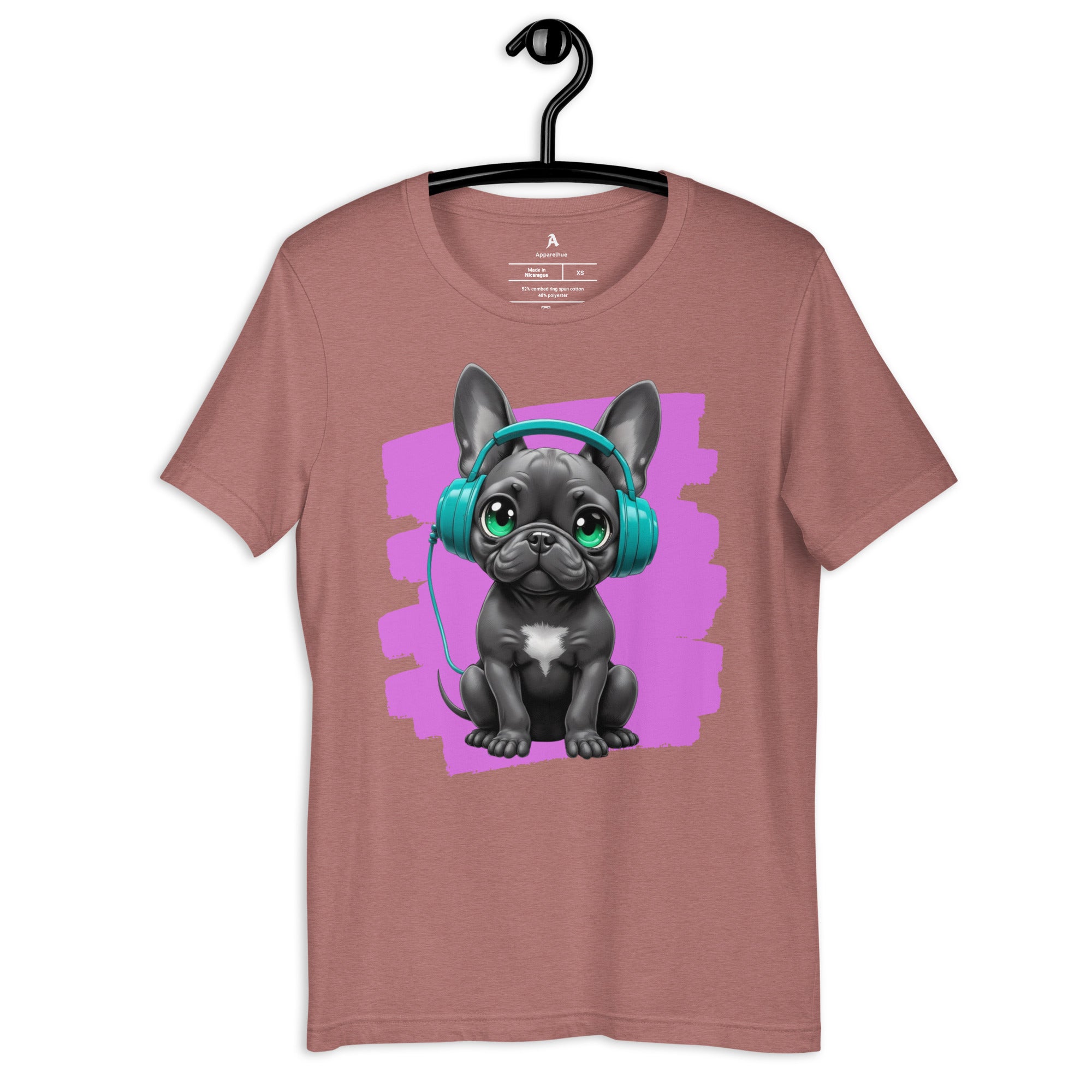 High-quality print of a black Frenchie dog on a white casual tee.