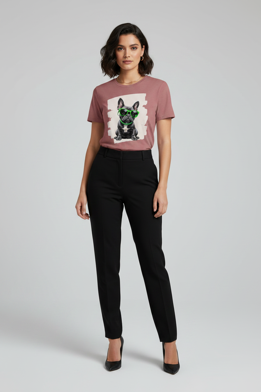 A woman modeling a dusty rose short-sleeve t-shirt with a graphic print of a French Bulldog, paired with black trousers and black heels, against a light gray studio background.