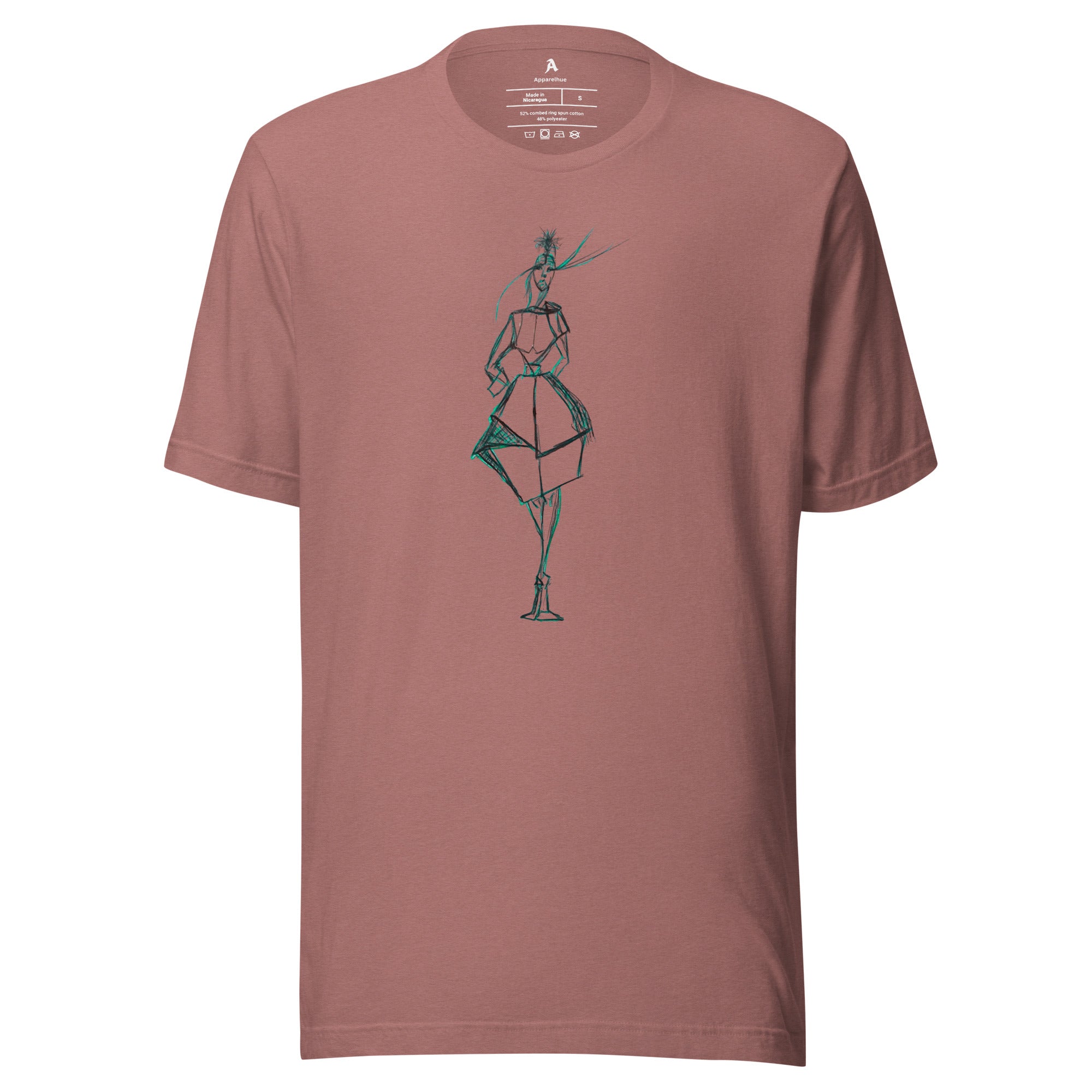 Contemporary graphic tee displaying a hand-rendered fashion figure in a bold, origami-inspired dress design.