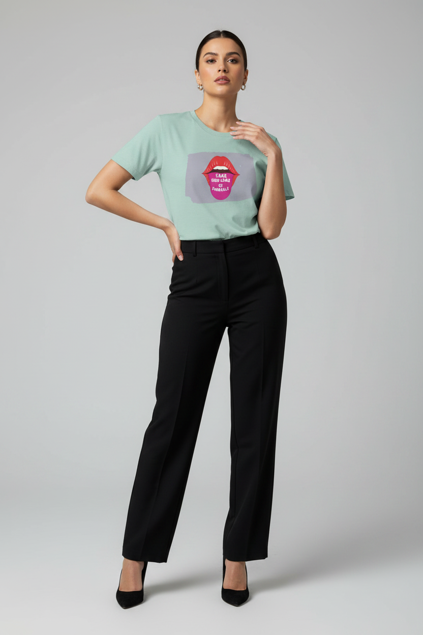 A woman modeling a mint green t-shirt with a graphic of red lips and the words 'I LOVE YOU' in white, paired with black wide-leg trousers and black heels, against a light gray studio background.