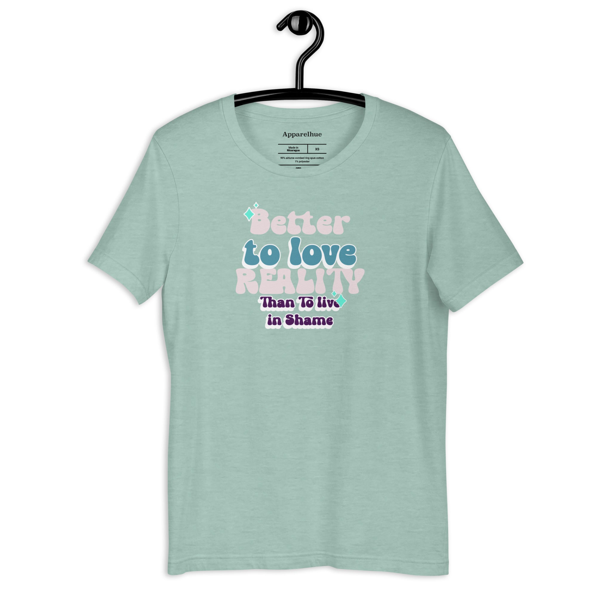 Unisex fit demonstration of the Apparel Hue Art reality statement tee.