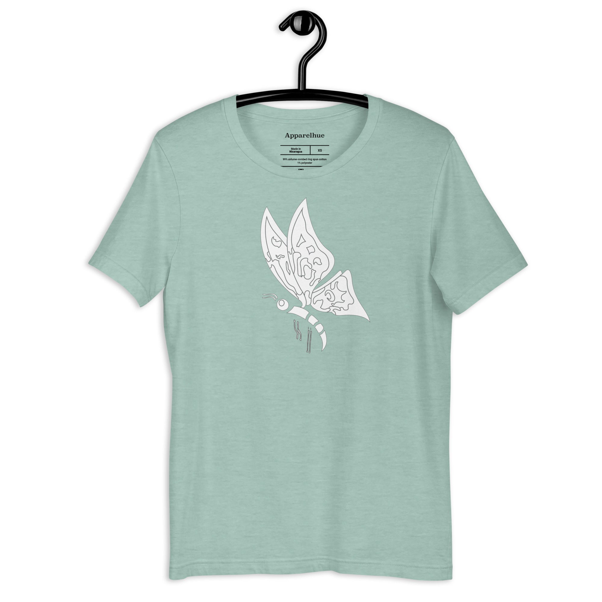 Close-up of the Apparel Hue Art neck label on the butterfly shirt.