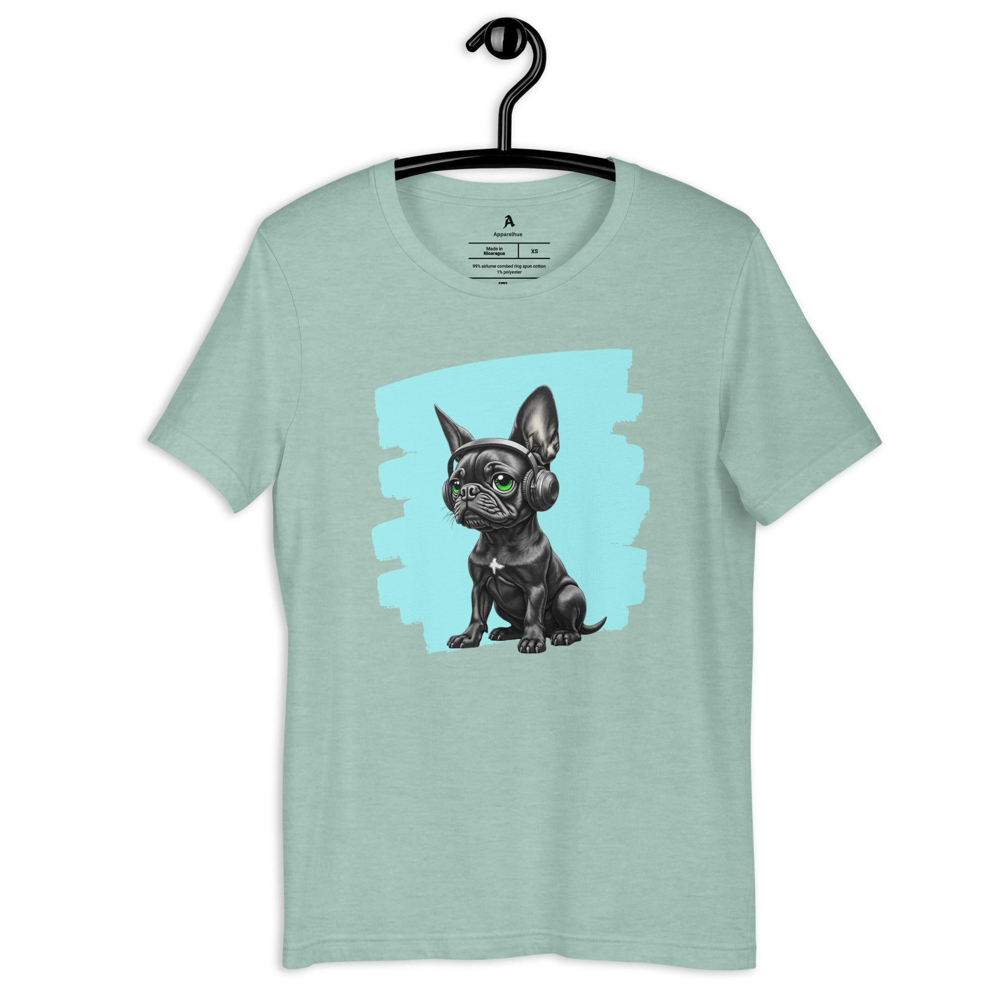 Minimalist yet vibrant Frenchie music lover t-shirt design by Apparelhue.