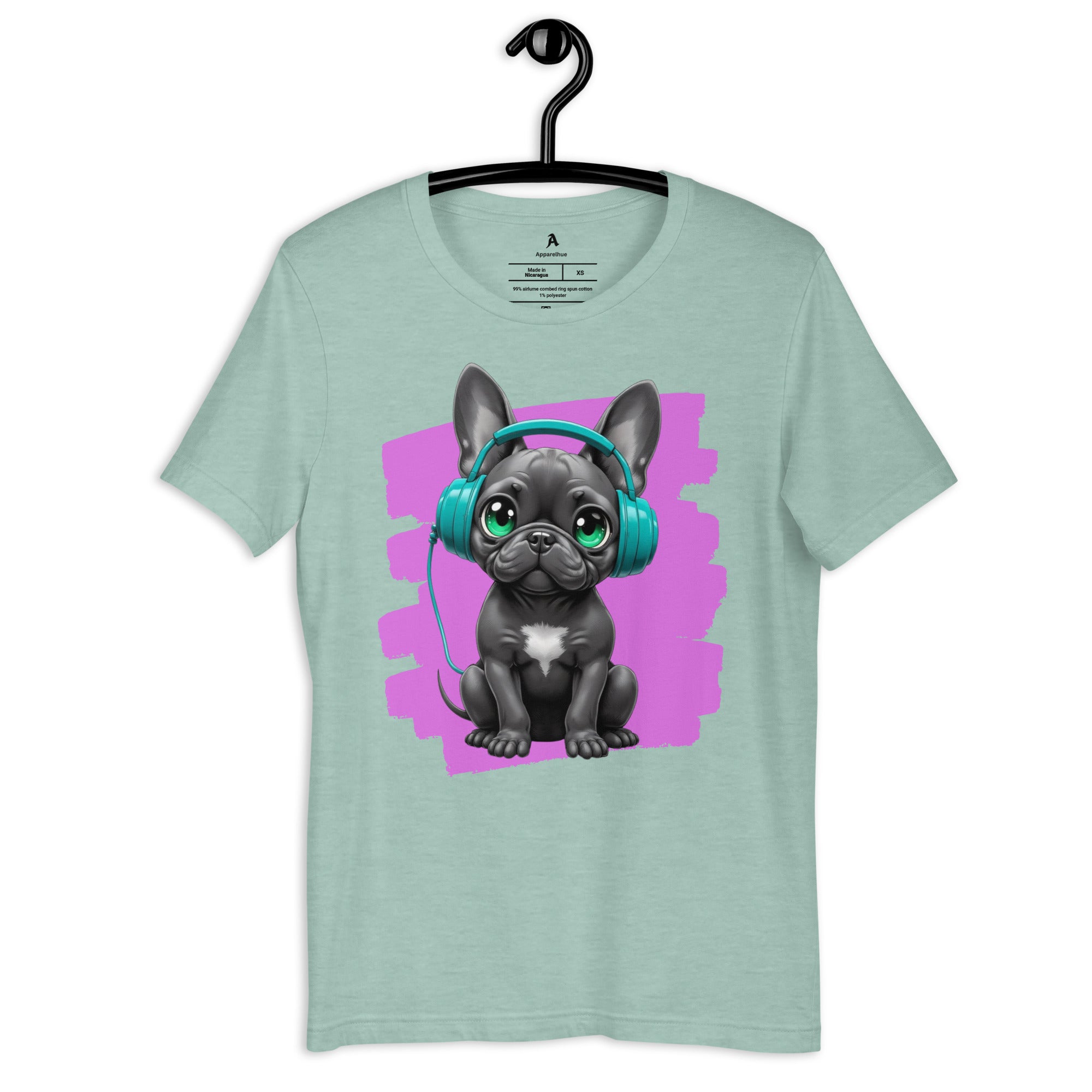 Artistic dog graphic tee featuring a French Bulldog and headphones.