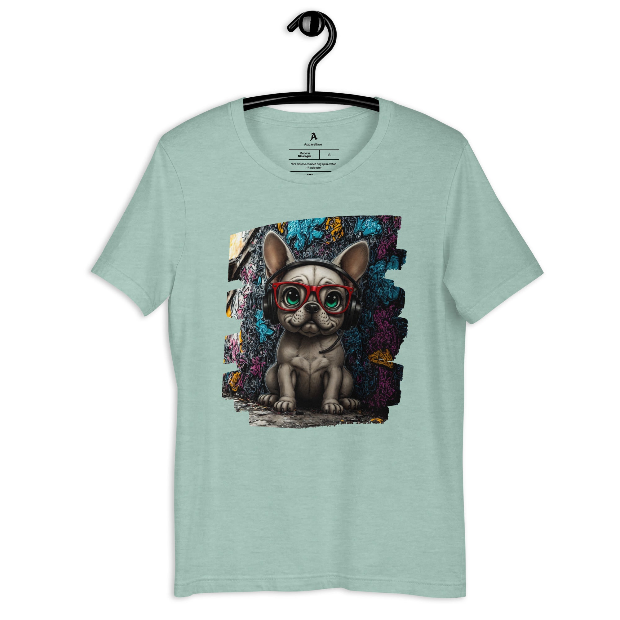 Artistic French Bulldog graphic T-shirt in black, showcasing modern urban pet art.