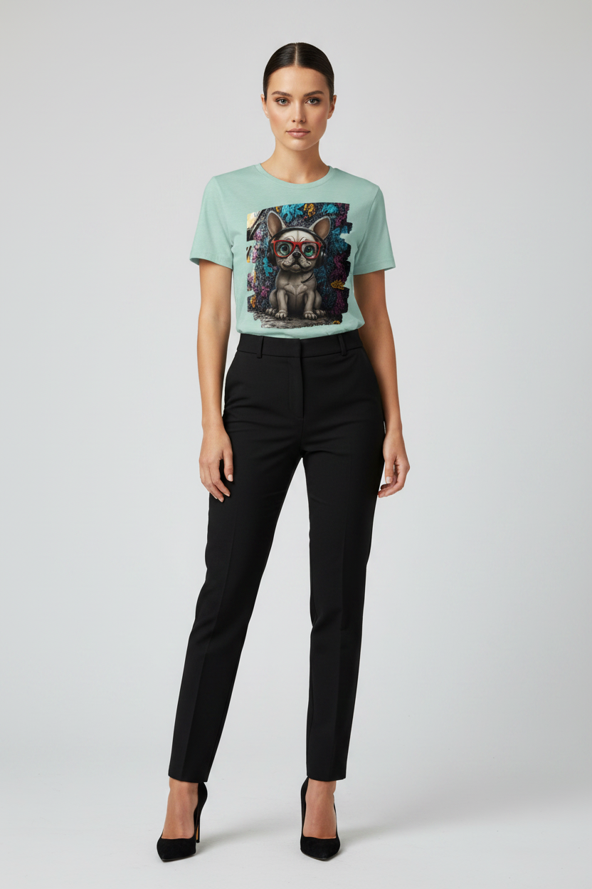 A model wearing a mint green graphic t-shirt with a French Bulldog print, paired with black trousers and black heels, standing against a light gray studio background.
