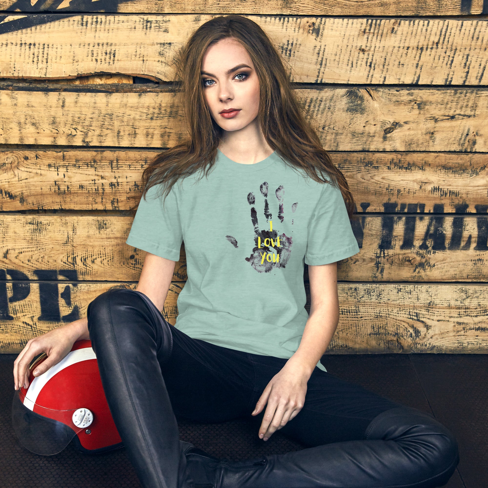 Minimalist I Love You typography tee close up