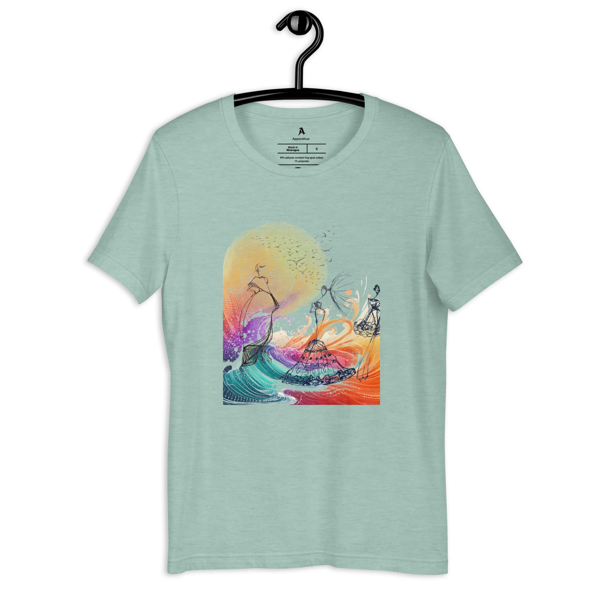 Modern graphic t-shirt featuring a colourful geometric sunset landscape.