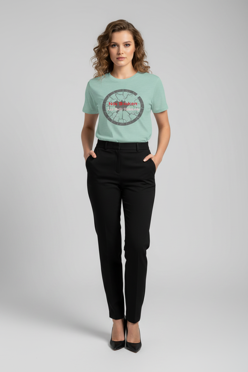 Woman wearing a light green t-shirt with a graphic design on a gray background