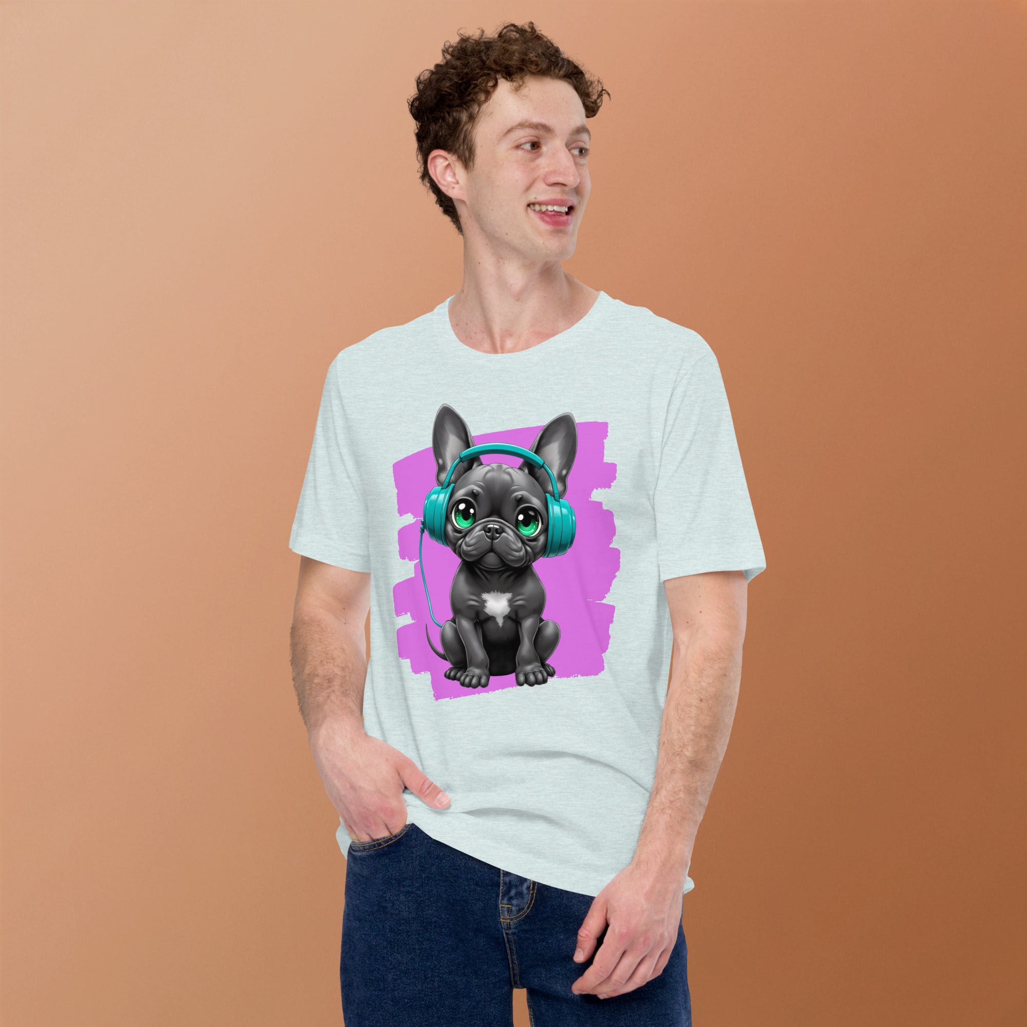 Black French Bulldog wearing headphones art for apparelhue.com.