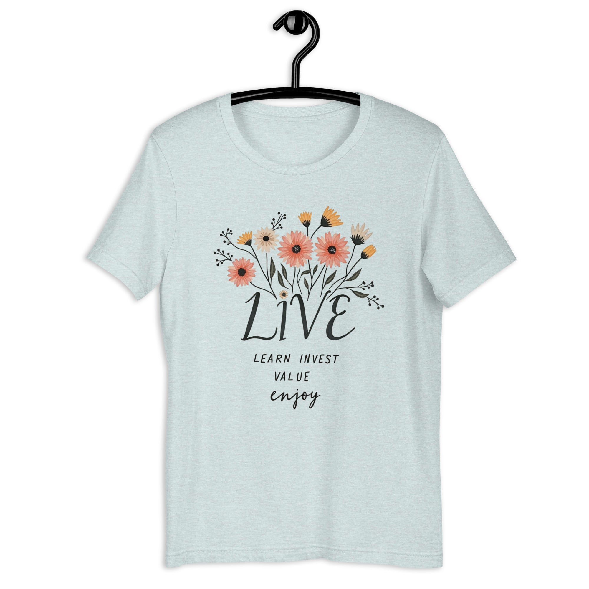 “LIVE Learn Invest Value Enjoy tee front view on white background