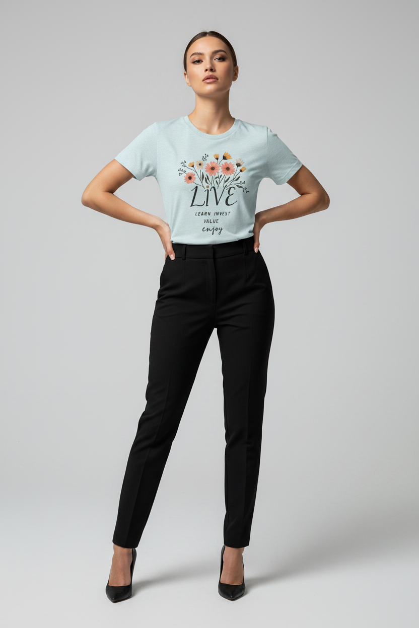 Woman wearing a light blue t-shirt with floral design and text, paired with black pants on a gray background