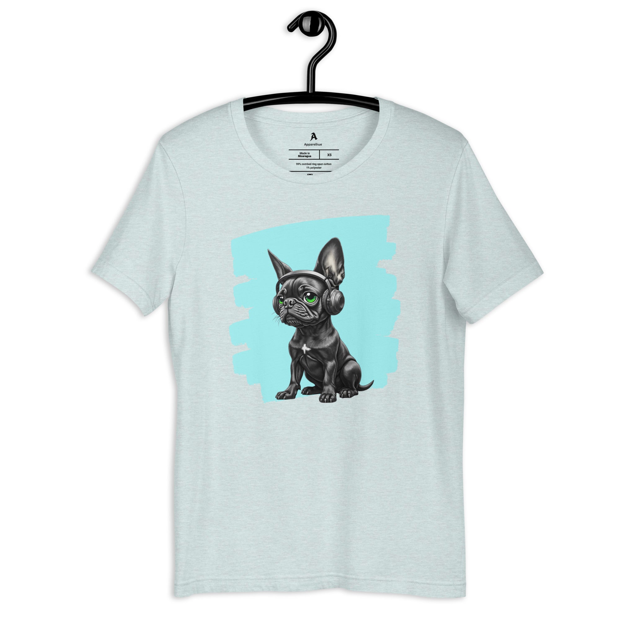 Cool pet-inspired fashion featuring a Frenchie in DJ headphones.