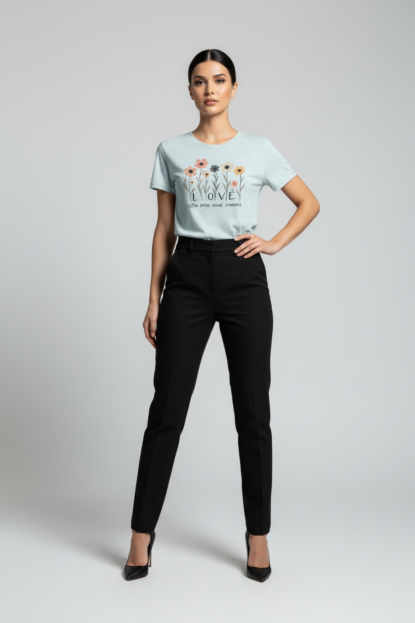 Woman wearing a light blue t-shirt with text and graphics, paired with black pants on a white background