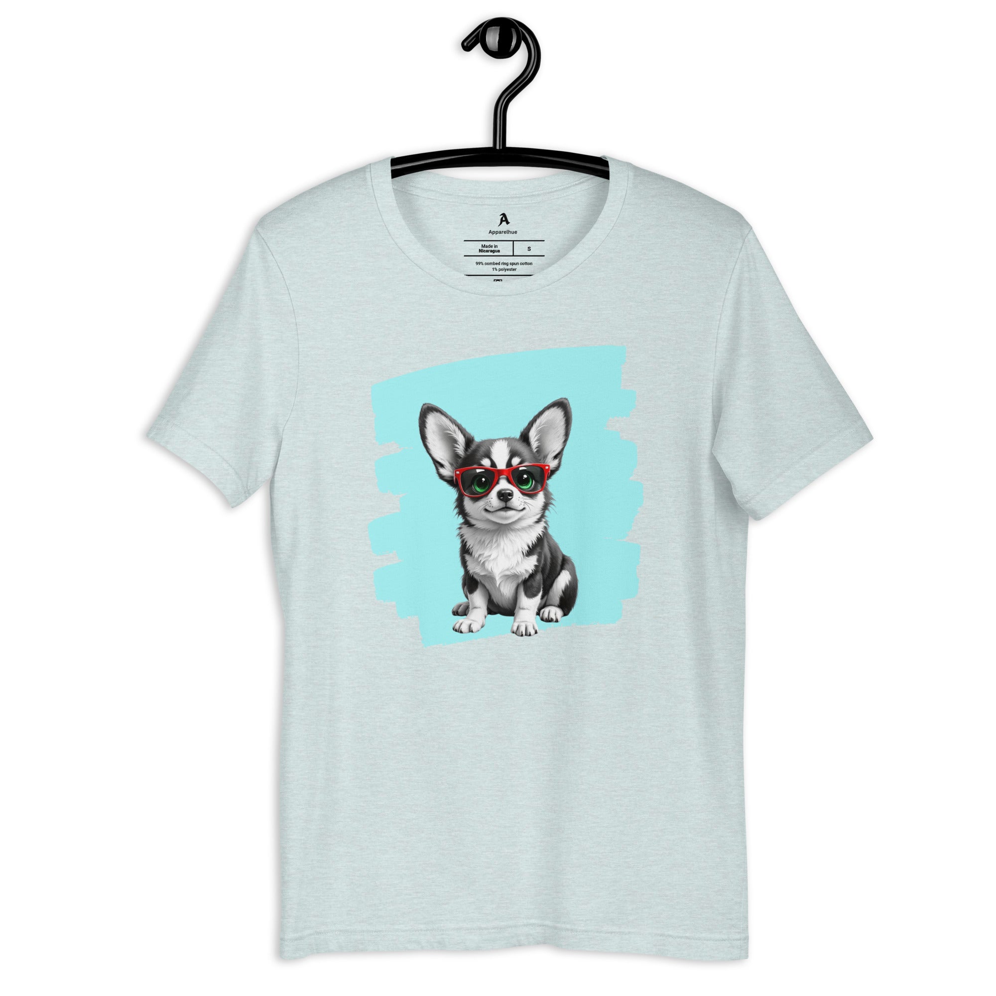 Front view of a black t-shirt with a cool Corgi illustration.
