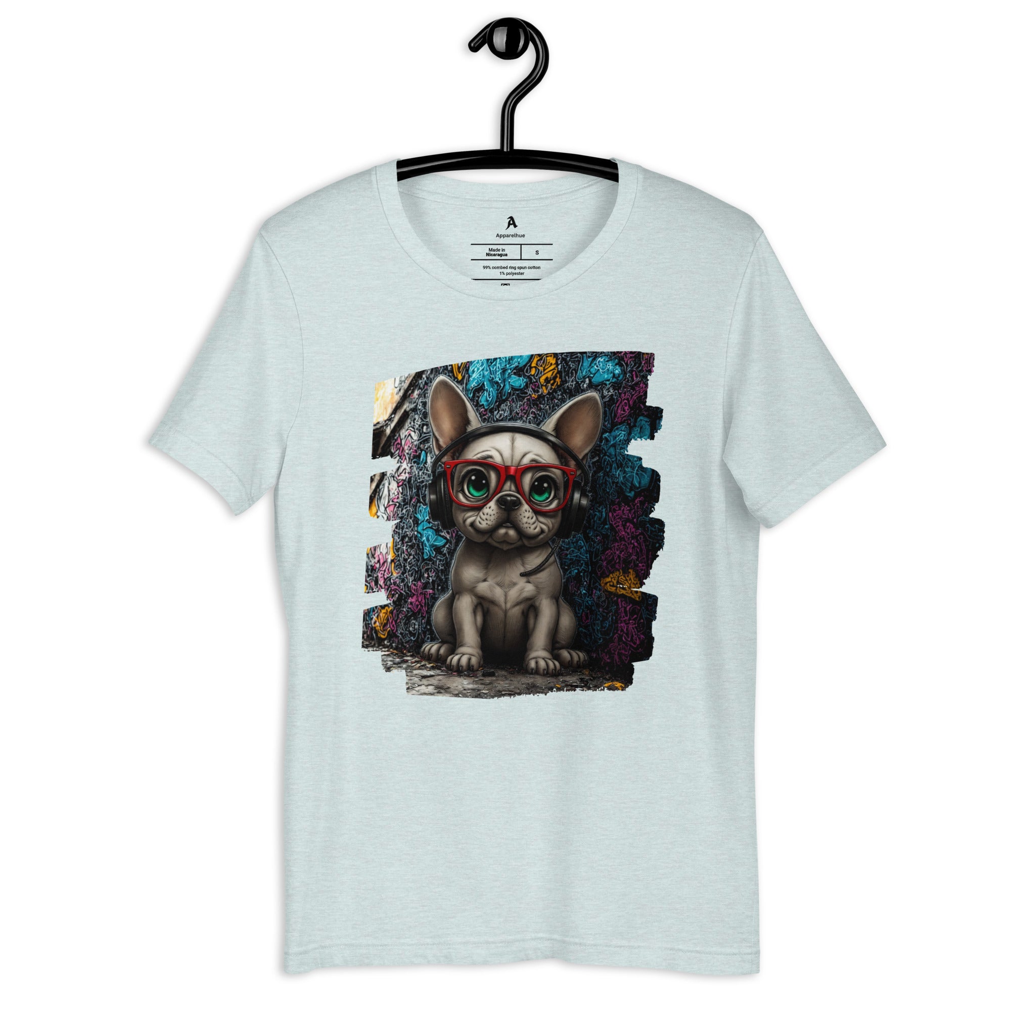 Stylish  cotton tee with a fade-resistant French Bulldog and headphones graphic.