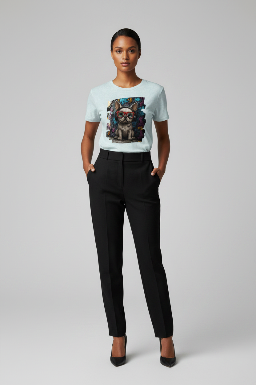 A woman modeling a light blue graphic t-shirt with a colorful dog print, paired with black trousers and black heels, against a neutral gray studio background.