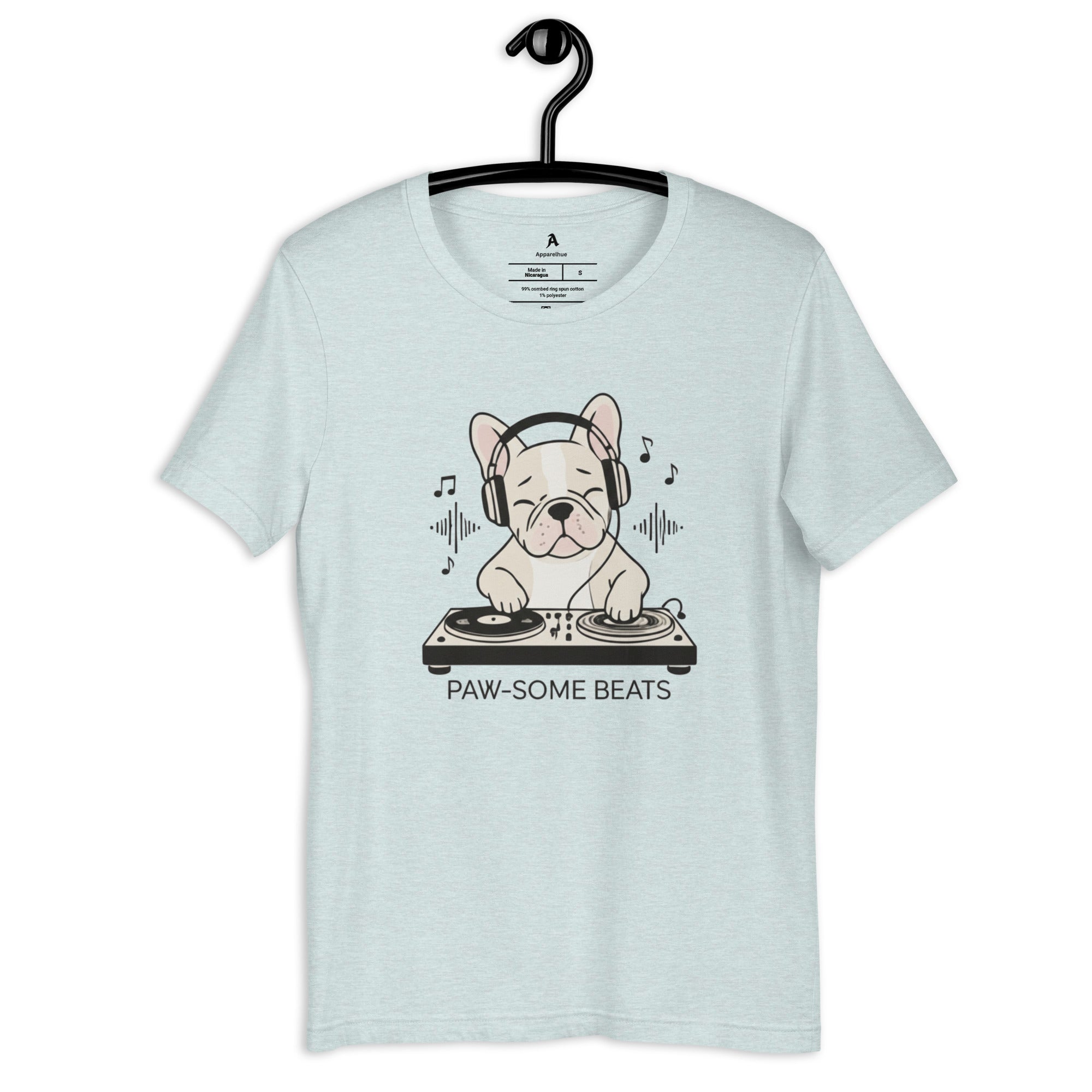 Graphic tee showing a Frenchie as a professional DJ.