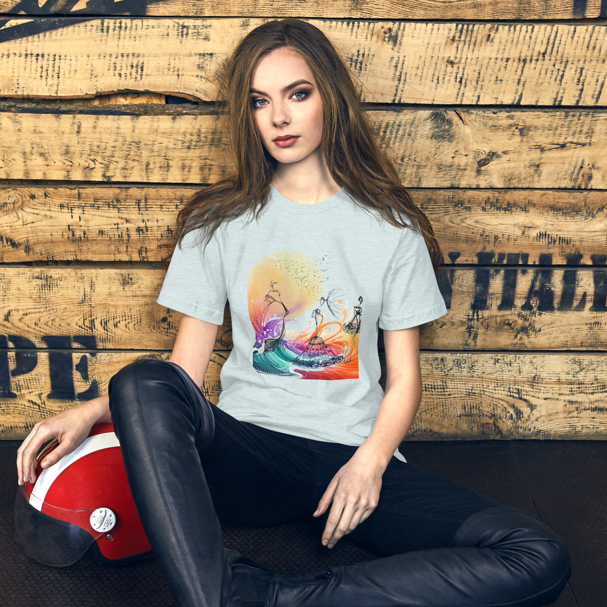 Minimalist white tee with colourful couture silhouette graphic by Apparelhue.