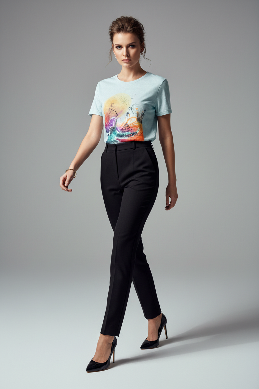 Woman wearing a light blue t-shirt with a colorful design and black pants on a gray background