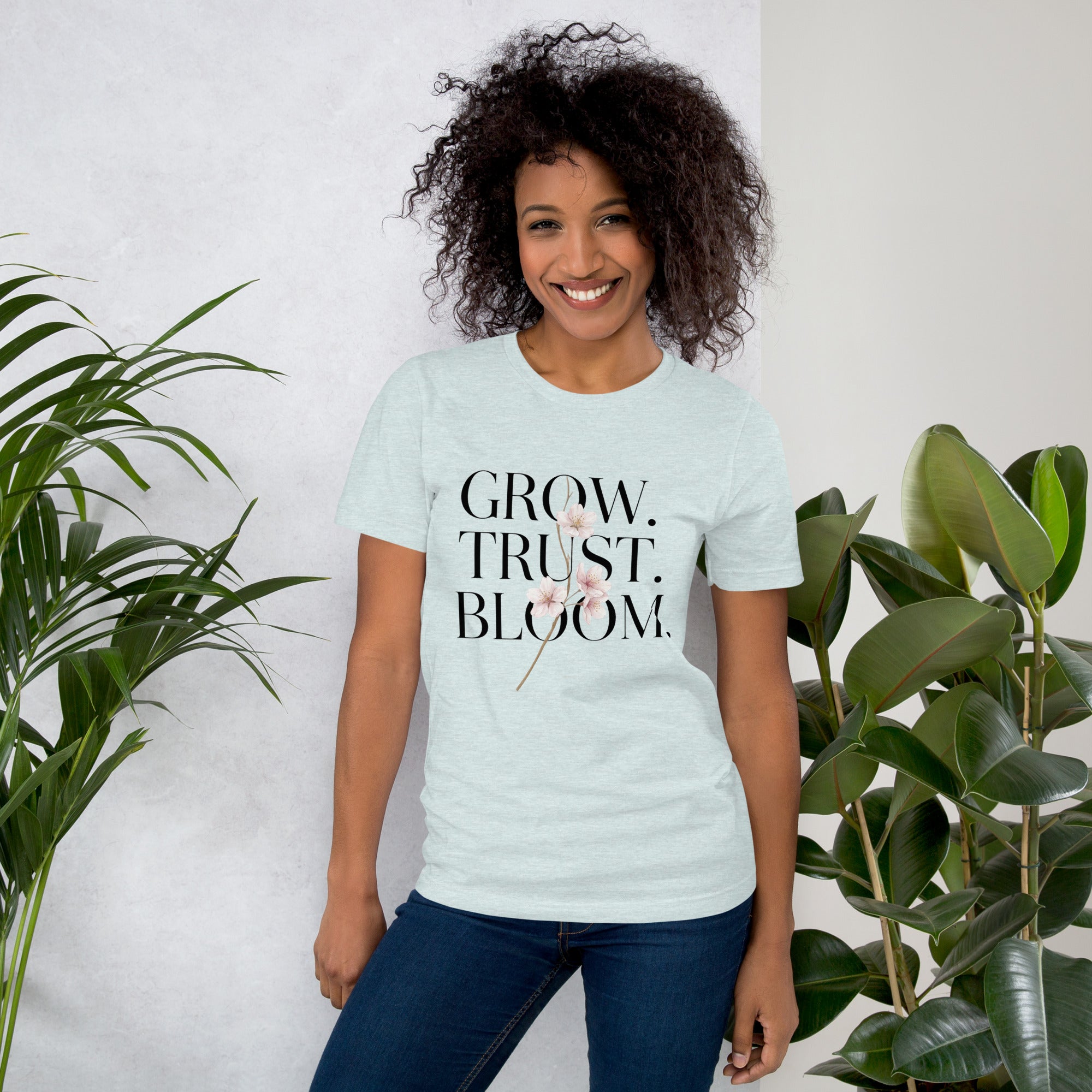 Grow Trust Bloom shirt styled with jeans
