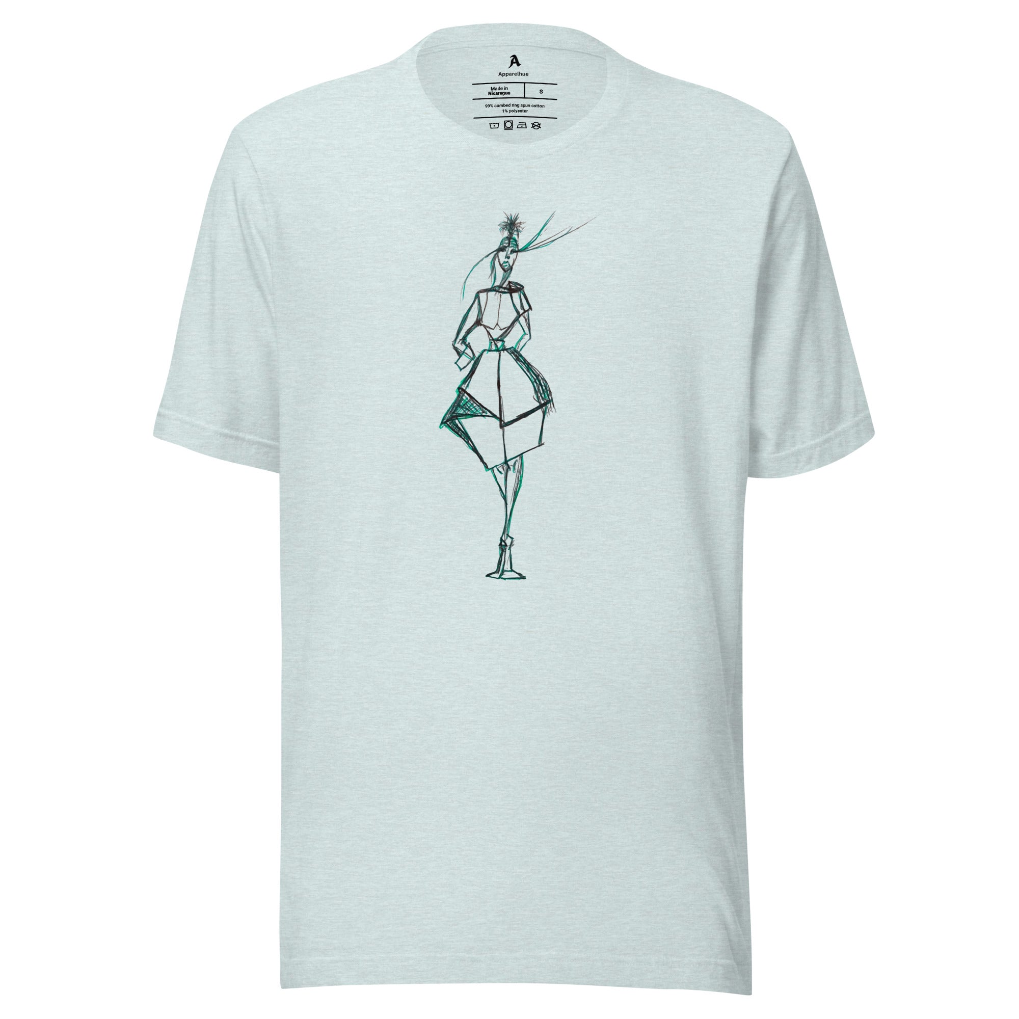 Close-up of a high-fashion line art drawing on apparel, showcasing intricate dark ink strokes and abstract green shading.