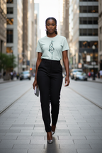 Woman walking on a city street wearing a light green t-shirt and black pants.