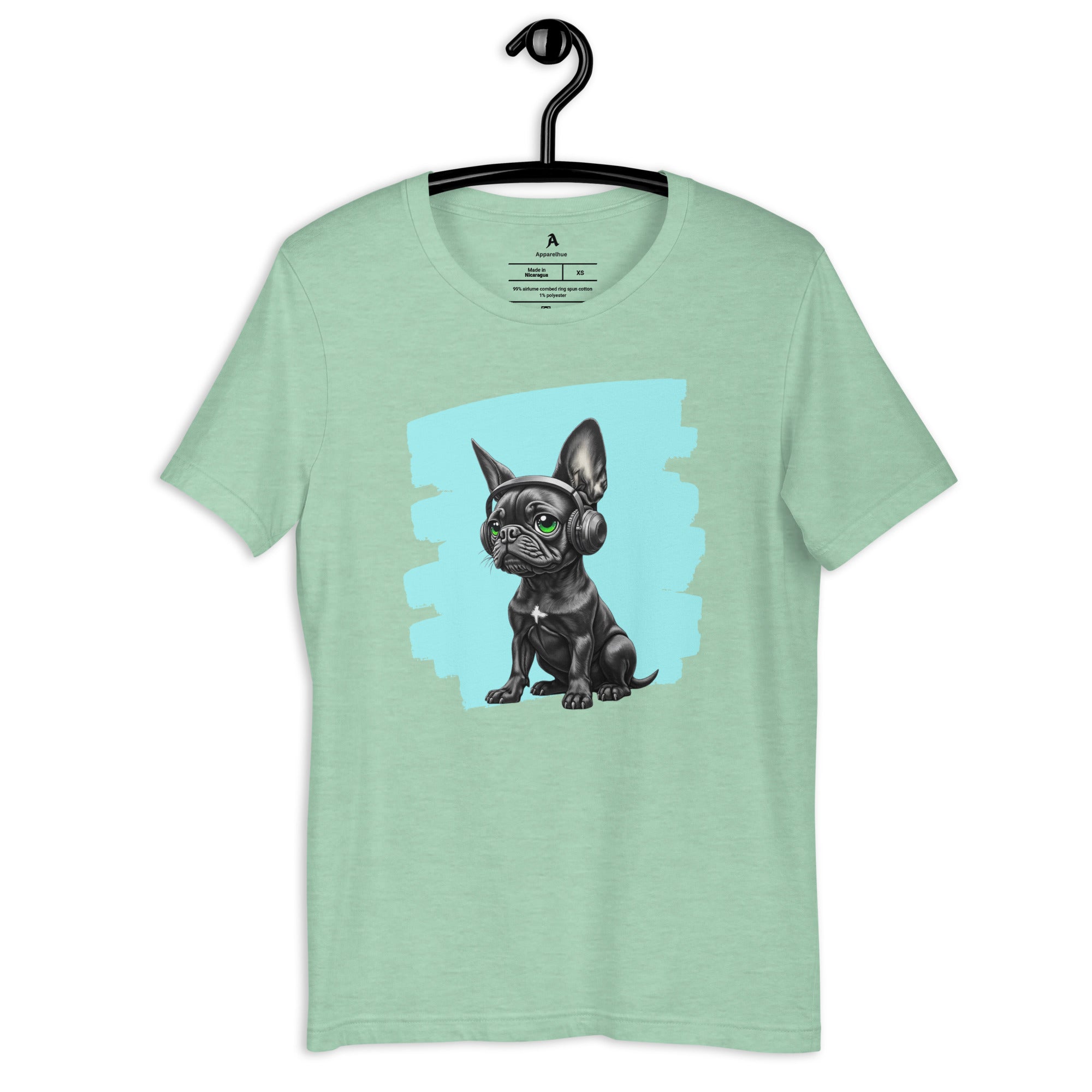Trendy French Bulldog with headphones print for casual everyday wear.