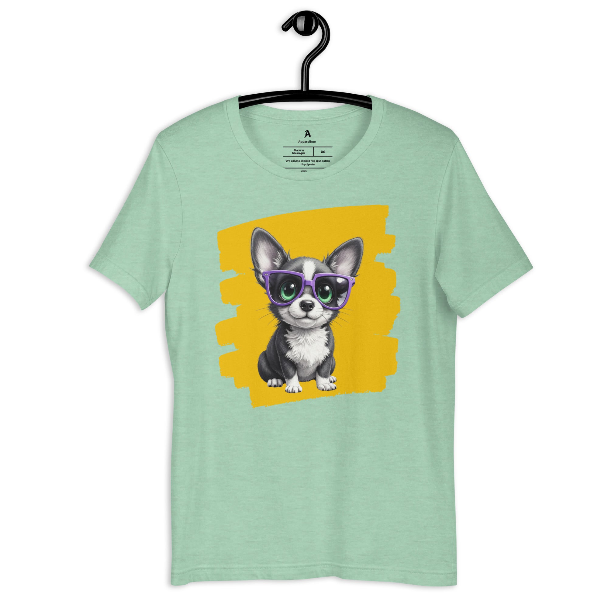 Detailed fur texture on Corgi with purple glasses t-shirt print.