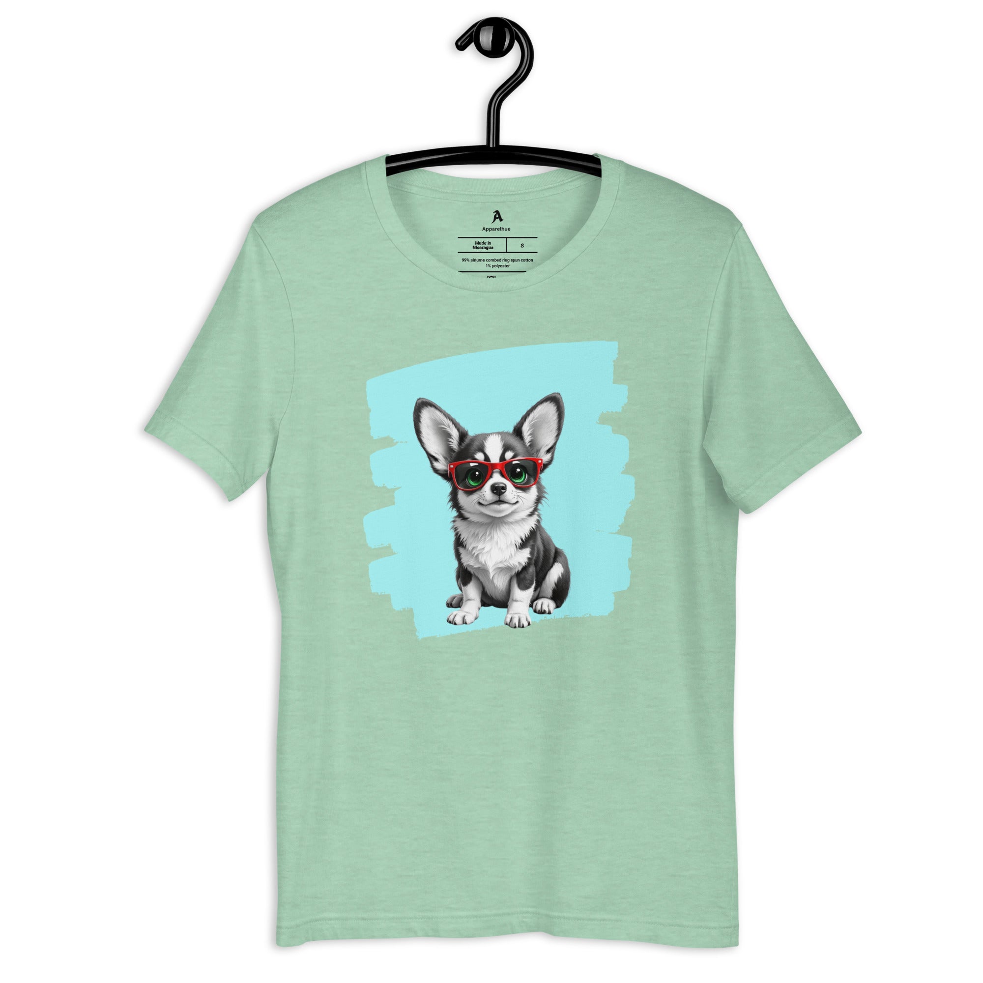 High-quality print of a black and white Corgi on a black t-shirt.