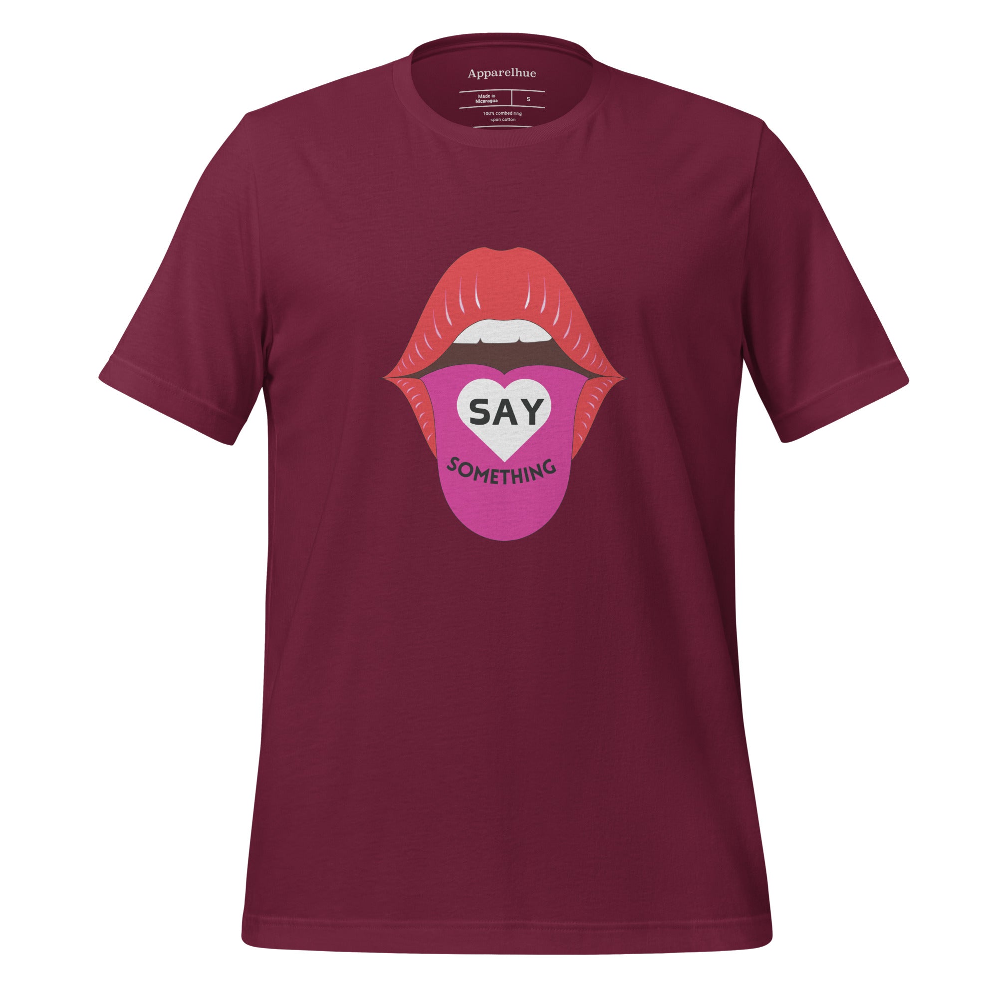 The red Say Something Graphic Tee, showing the comfortable drape and material texture.