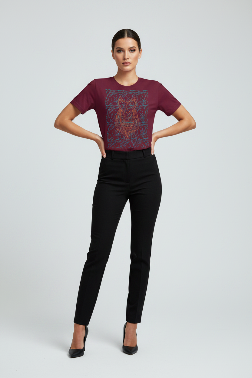 A woman modeling a short-sleeve crewneck t-shirt in deep burgundy with a red and blue geometric graphic print on the front, paired with black pants and black heels, against a light gray studio background.
