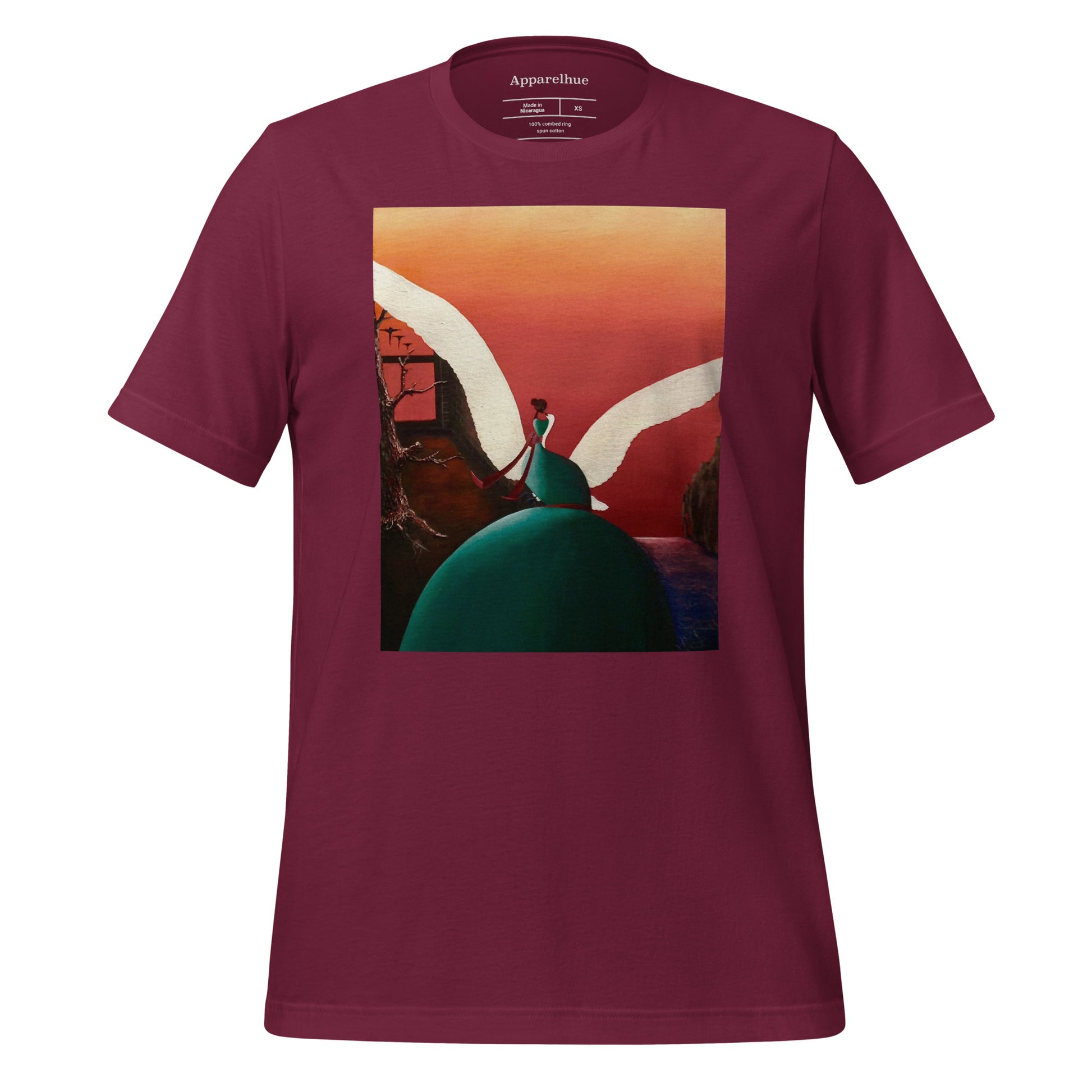 Unisex tee featuring a detailed graphic of a person with large white wings and an abstract sunset.