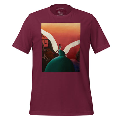 Unisex tee featuring a detailed graphic of a person with large white wings and an abstract sunset.
