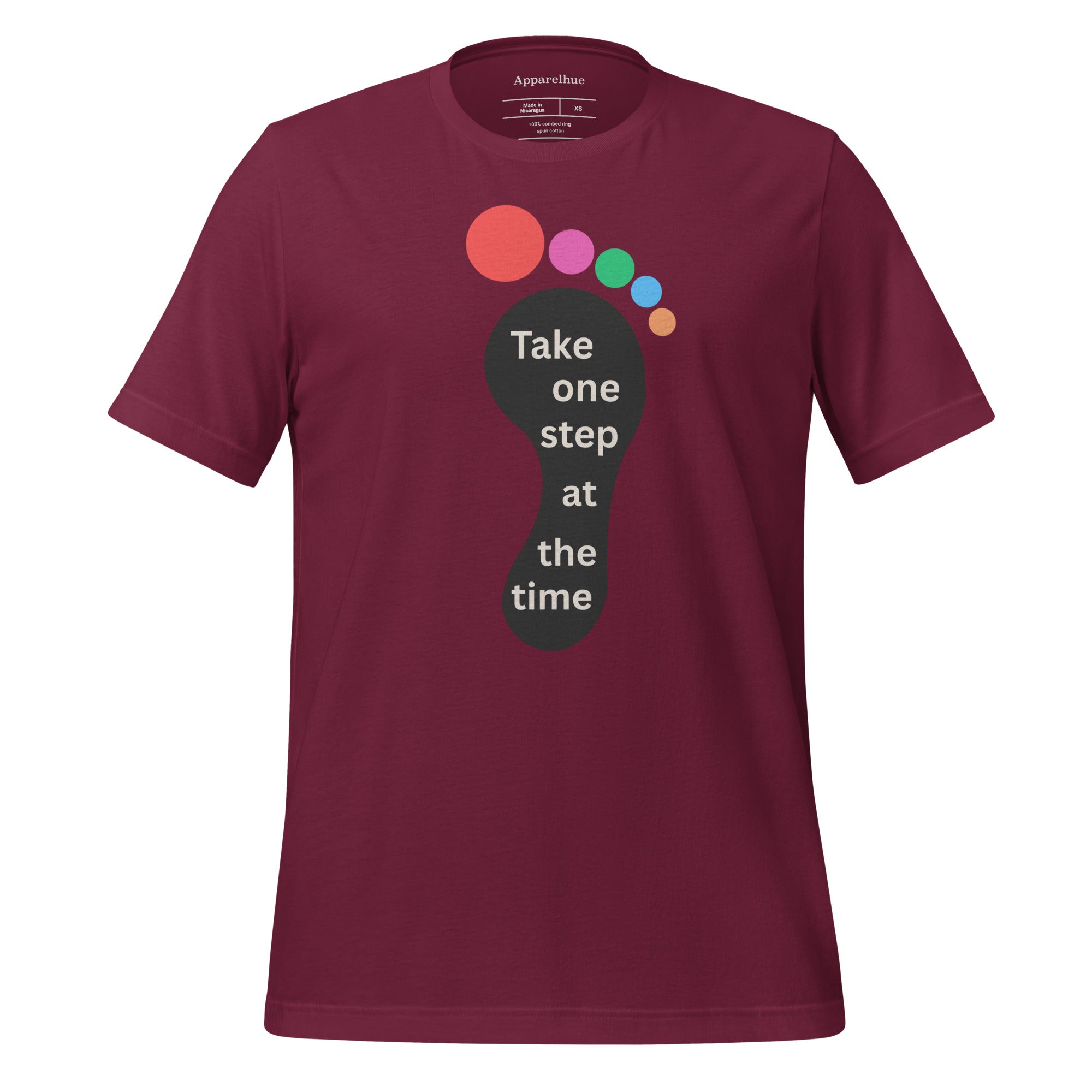 Close-up of inspirational text print on Apparelhue tee Model styling 