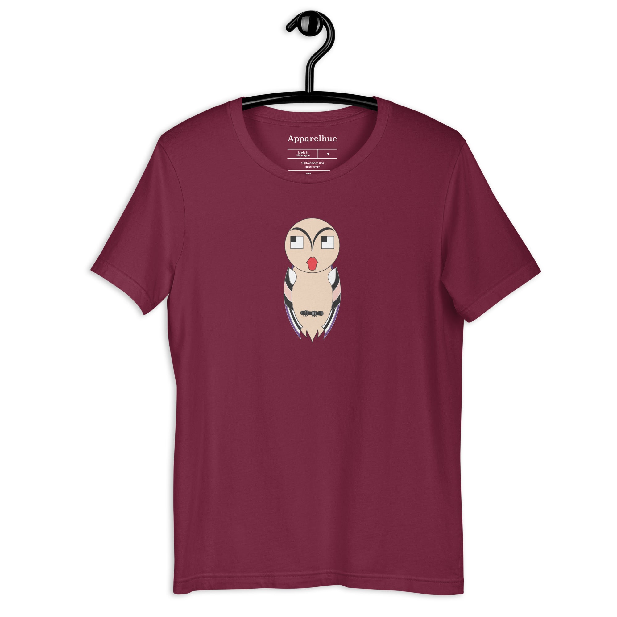 Artistic owl design t-shirt hanging flat lay