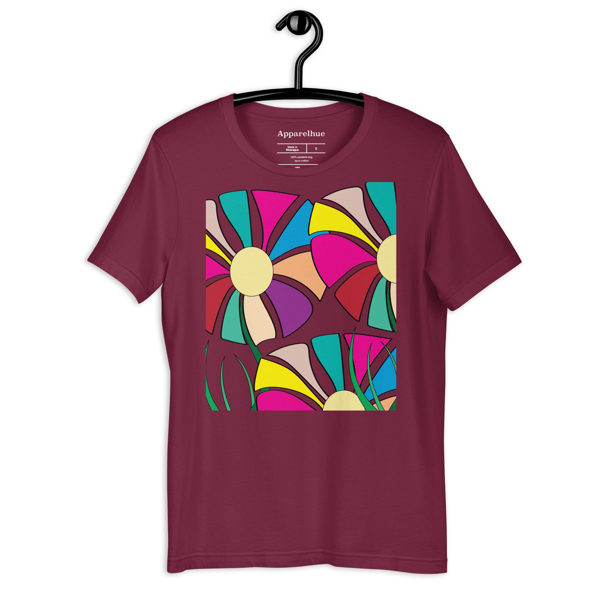 Close detail of vibrant multi‑colored blossoms graphic tee