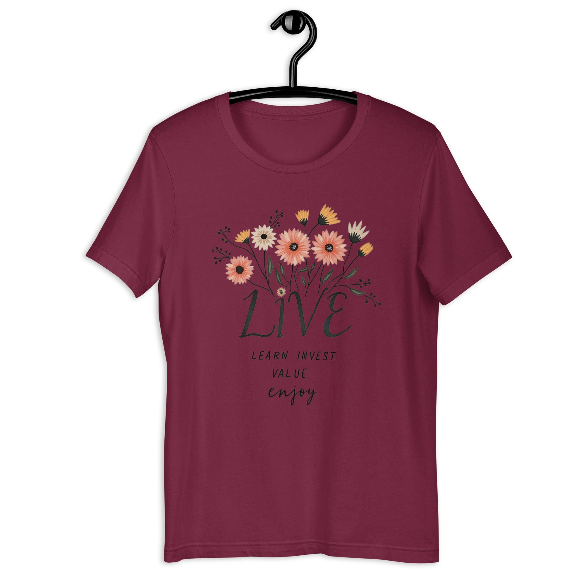 Soft cotton texture of motivational graphic tee LIVE Learn Invest Value Enjoy