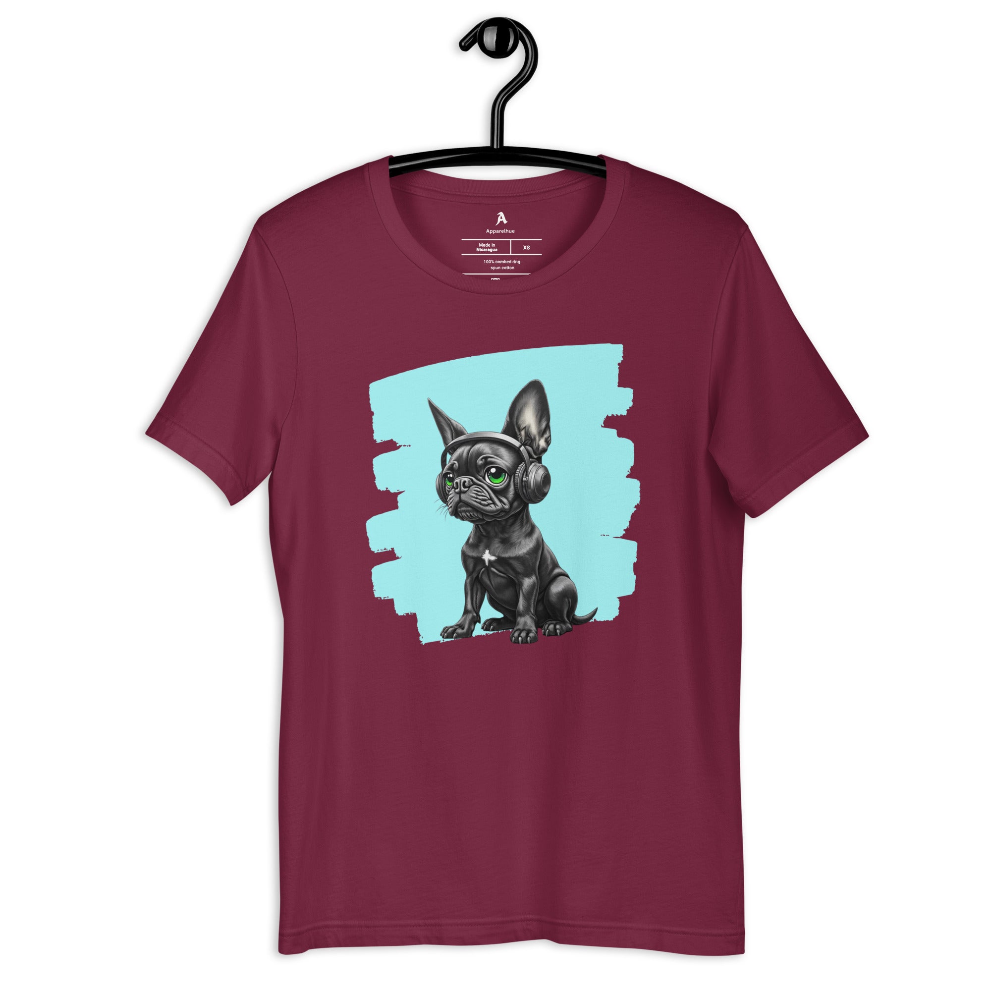 Artistic French Bulldog portrait with high-tech headphones for t-shirt print.