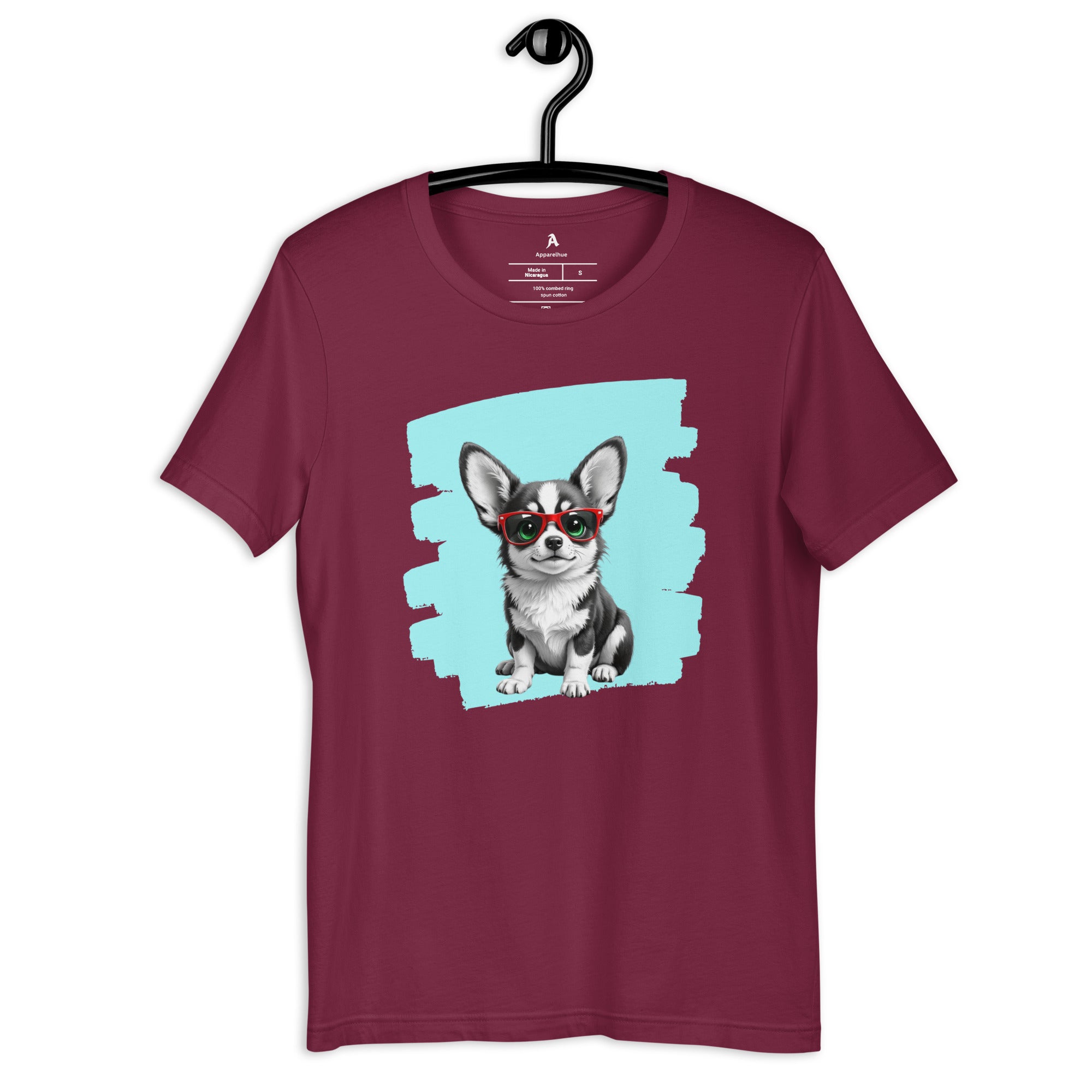 Vibrant light blue and red dog graphic on a dark unisex t-shirt.